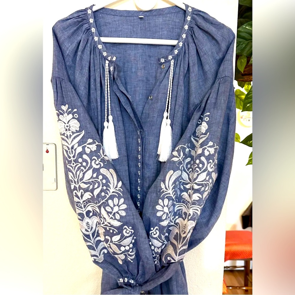 Nbutik Ukrainian Folk Linen Long Dress With Handmade Embroidery. XL